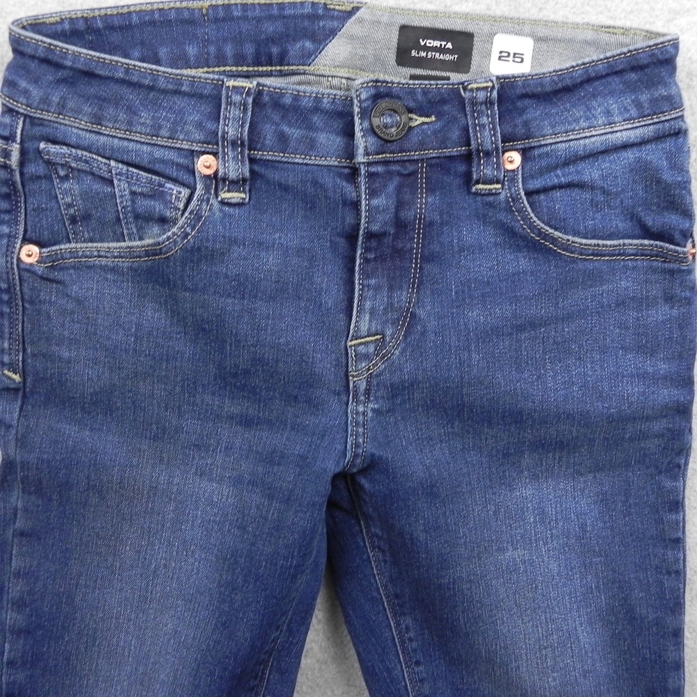 Volcom Vorta Slim Straight Jeans Boys 25 10Y Dark Wash Denim Stretch Pants - Picture 10 of 15